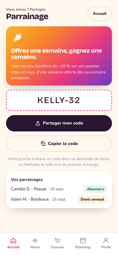 Referrals: a personal code, a free week for the referrer