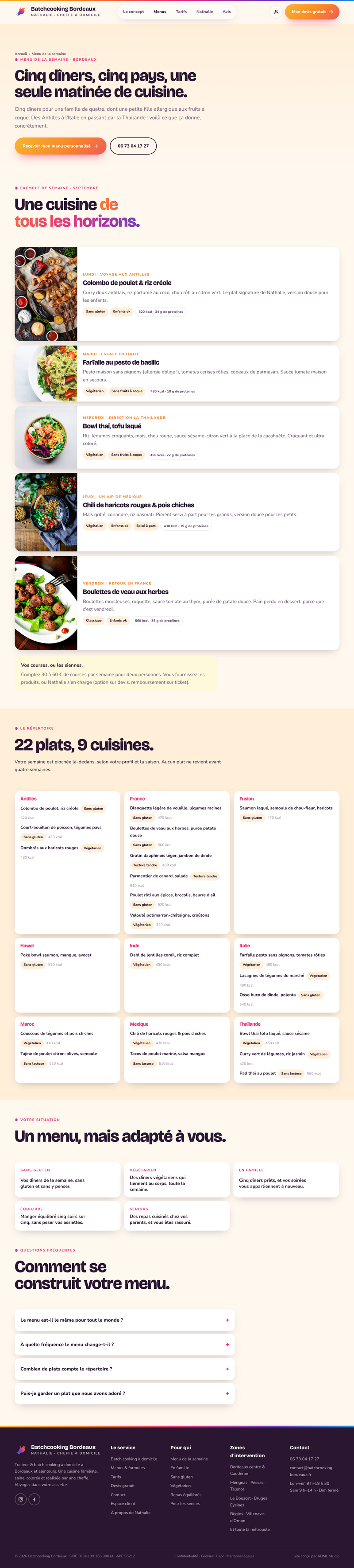 A sample weekly menu: five dinners, five countries, adapted to an allergy