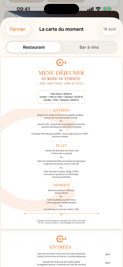 The current menu, restaurant side and wine-bar side