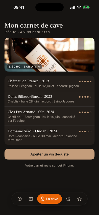 The cellar: a notebook of tasted wines with appellation, vintage and pairing
