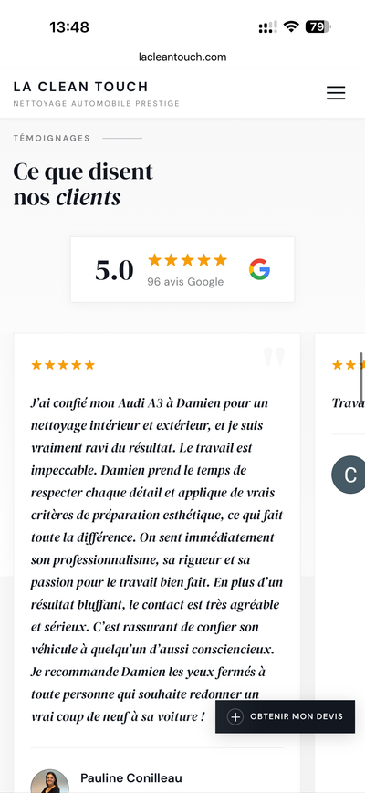 Section témoignages clients avec avis Google