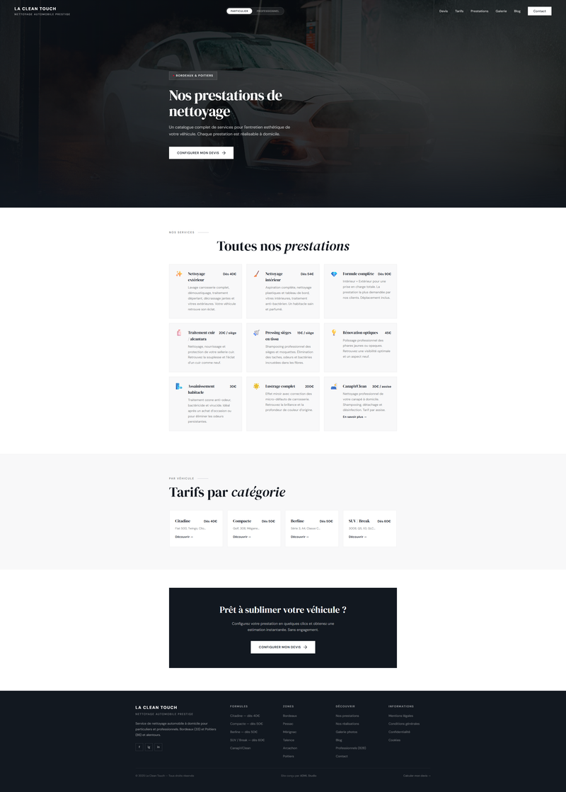Section prestations complète avec call-to-action
