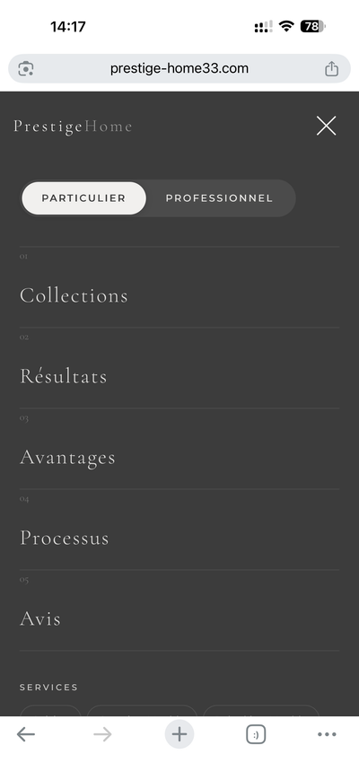 Navigation menu overlay avec sections organisées