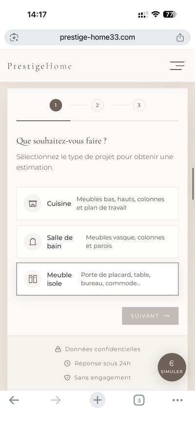 Formulaire devis interactif en trois étapes guidées