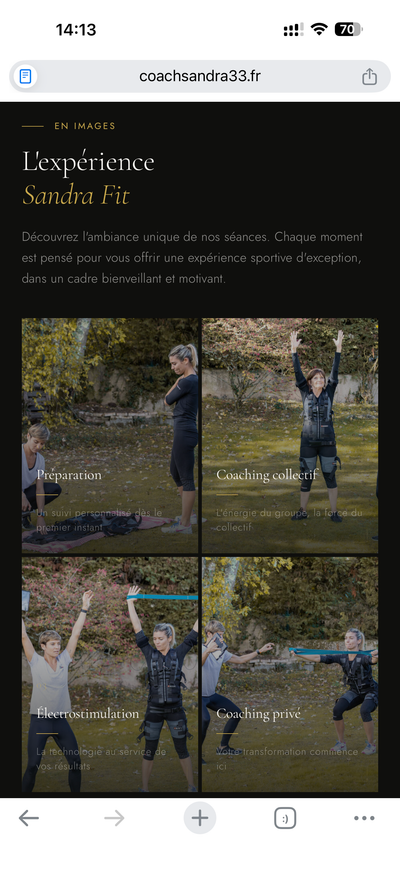 Page services avec galerie photos et descriptions d'activités
