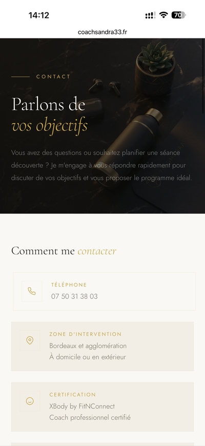Page contact avec informations et zones d'intervention