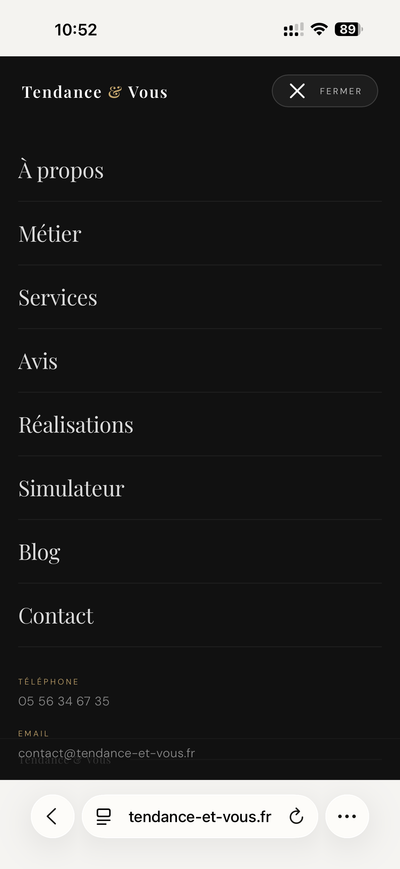 Menu de navigation mobile avec sections organisées
